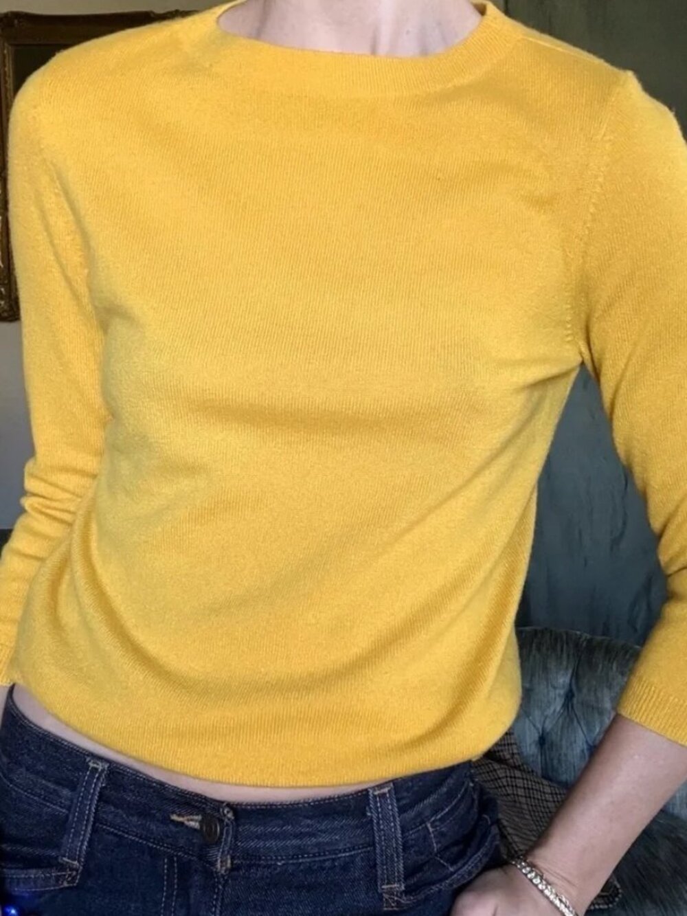 Talbots Cashmere Mustard Yellow Crewneck Sweater Medium Lightweight 3/4 Sleeve